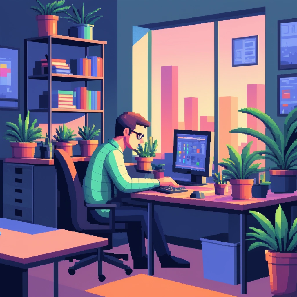 Pixel art of man working in an office