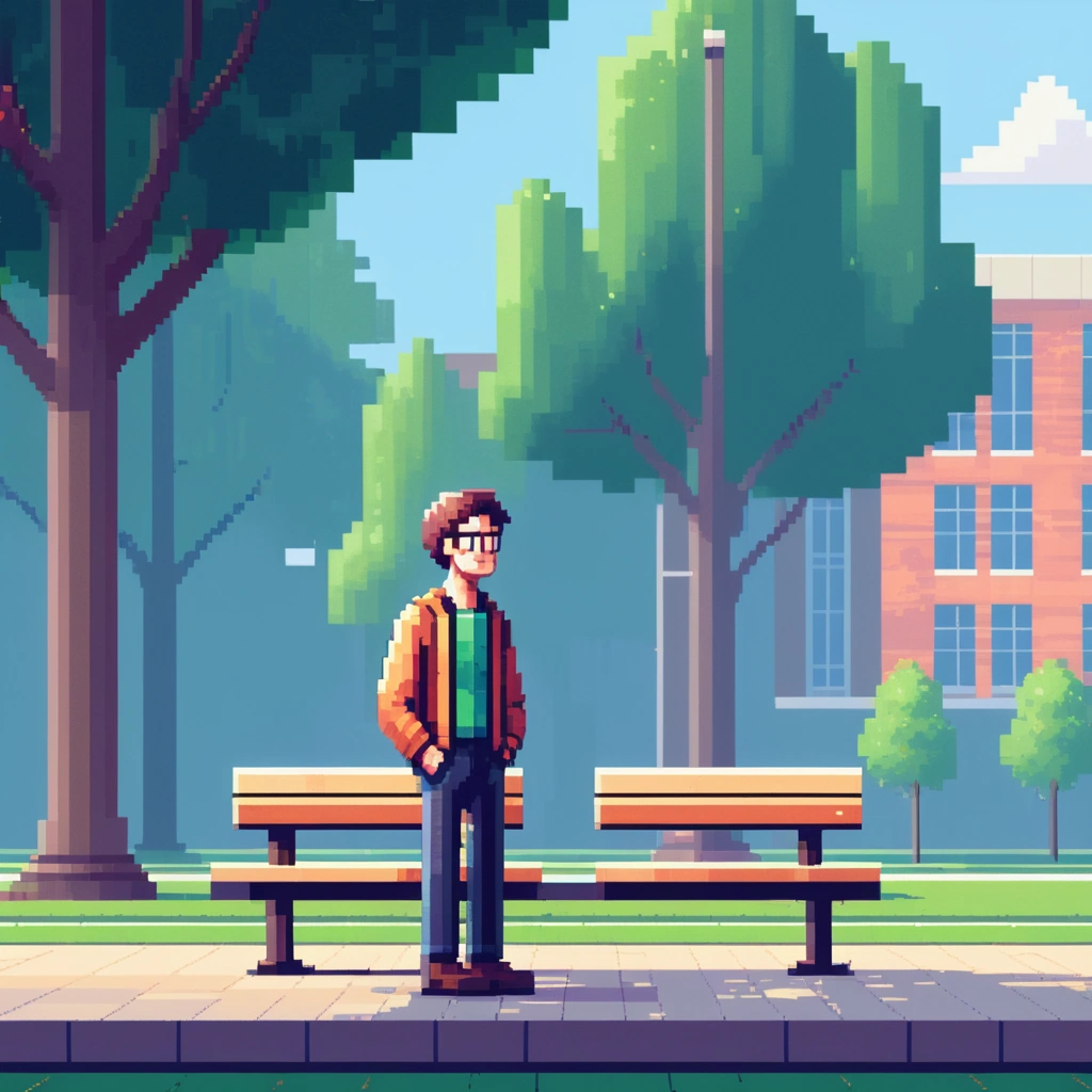 Pixel art of man at the university